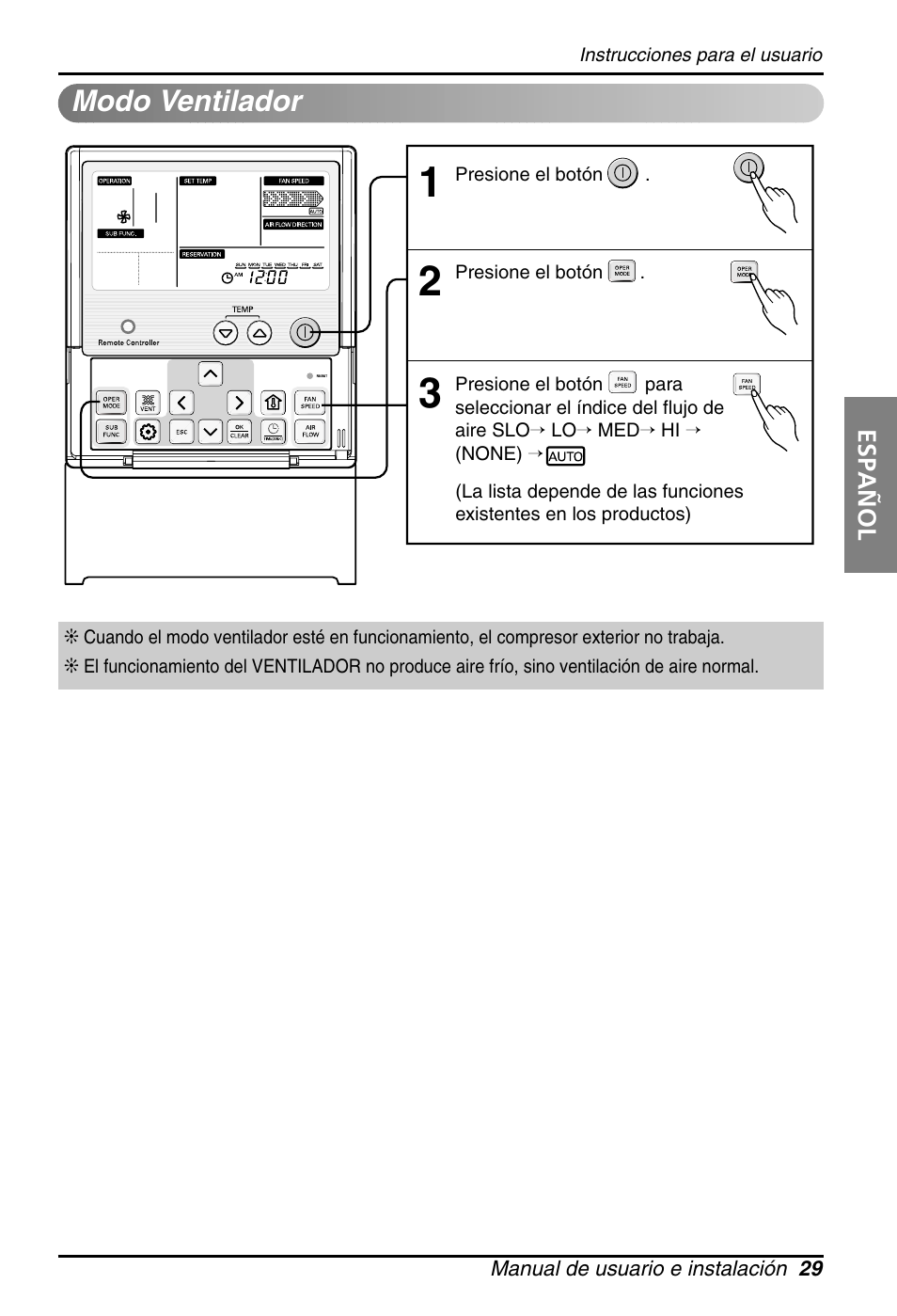 Modo ventilador | LG PQRCUSA1 Manual del usuario | Página 29 / 55