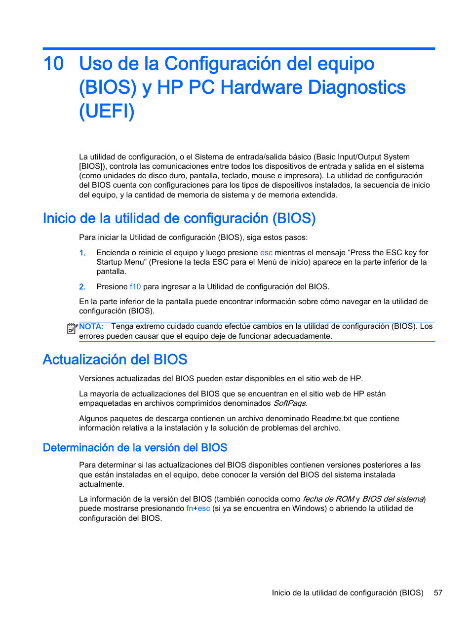 Inicio de la utilidad de configuración (bios), Actualización del bios, Determinación de la versión del bios | HP PC Notebook HP 245 G3 Manual del usuario | Página 67 / 89