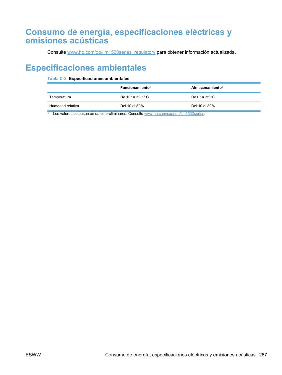 Especificaciones ambientales | HP LaserJet Pro M1536dnf MFP SERIES Manual del usuario | Página 281 / 308