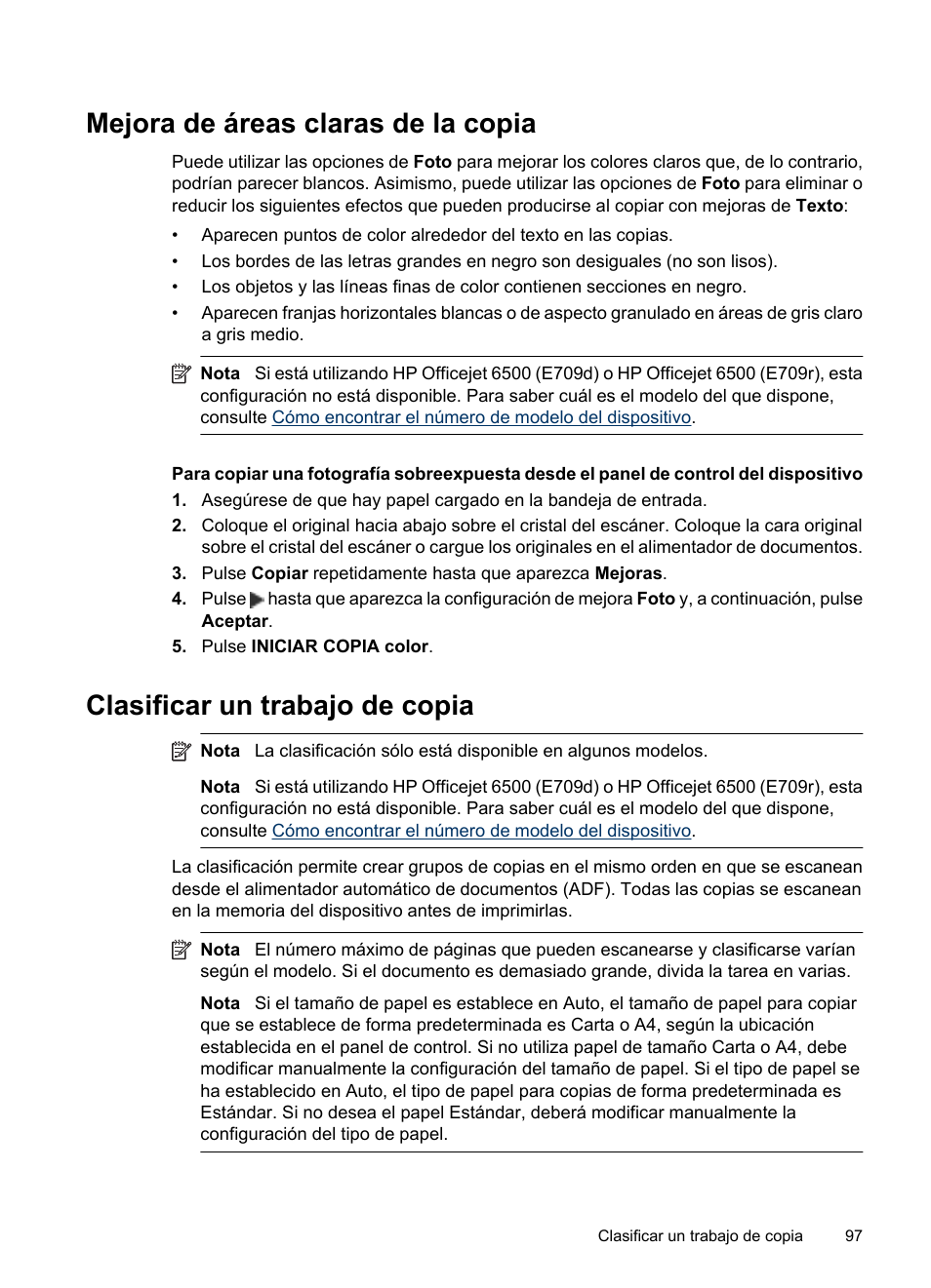 Mejora de áreas claras de la copia, Clasificar un trabajo de copia | HP Officejet 6500 Manual del usuario | Página 101 / 322