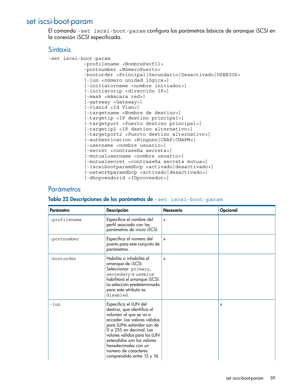 Set iscsi-boot-param, Sintaxis, Parámetros | HP Software HP Virtual Connect Enterprise Manager Manual del usuario | Página 59 / 123