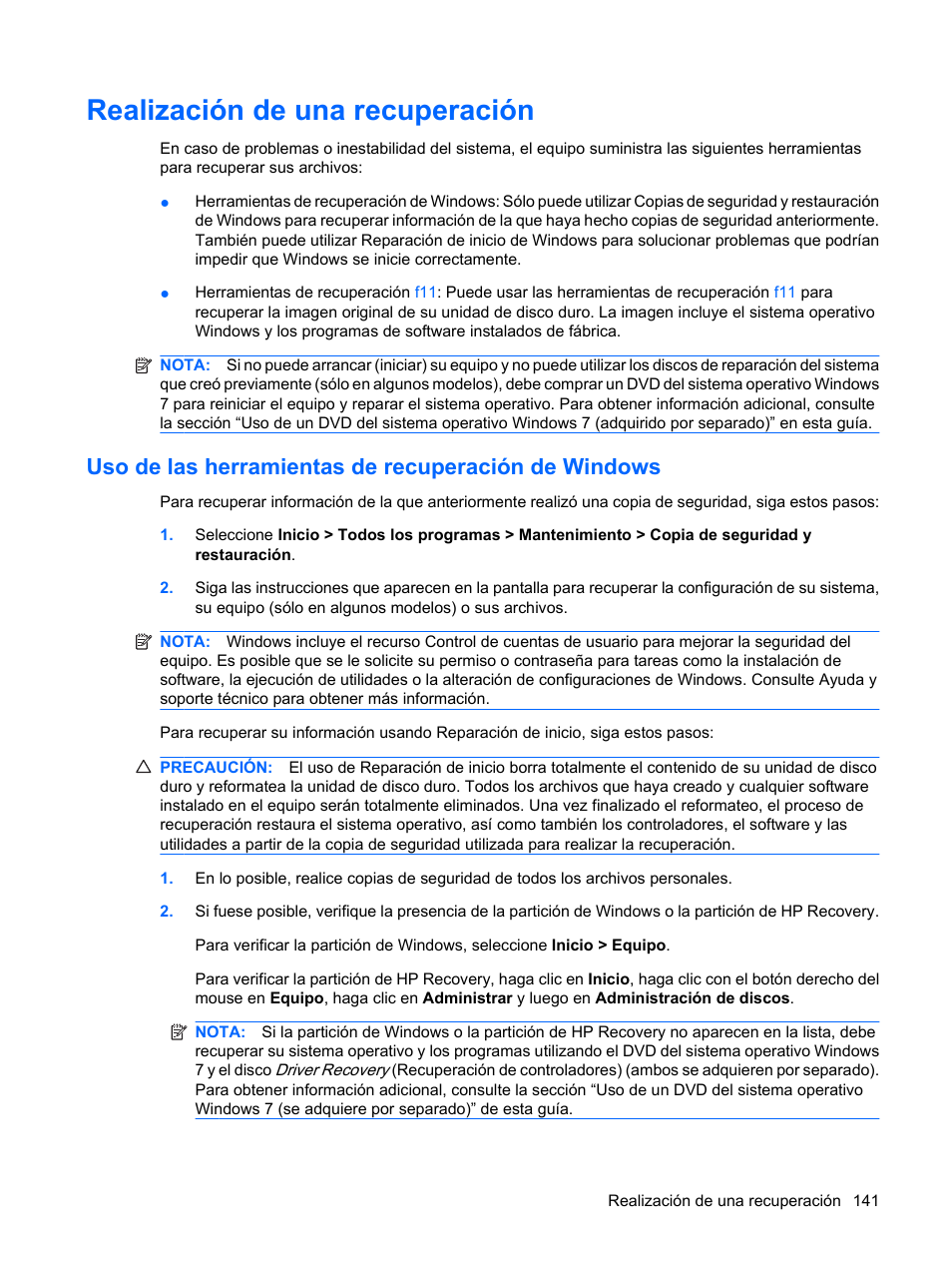 Realización de una recuperación, Uso de las herramientas de recuperación de windows | HP EliteBook 8440p Manual del usuario | Página 153 / 181