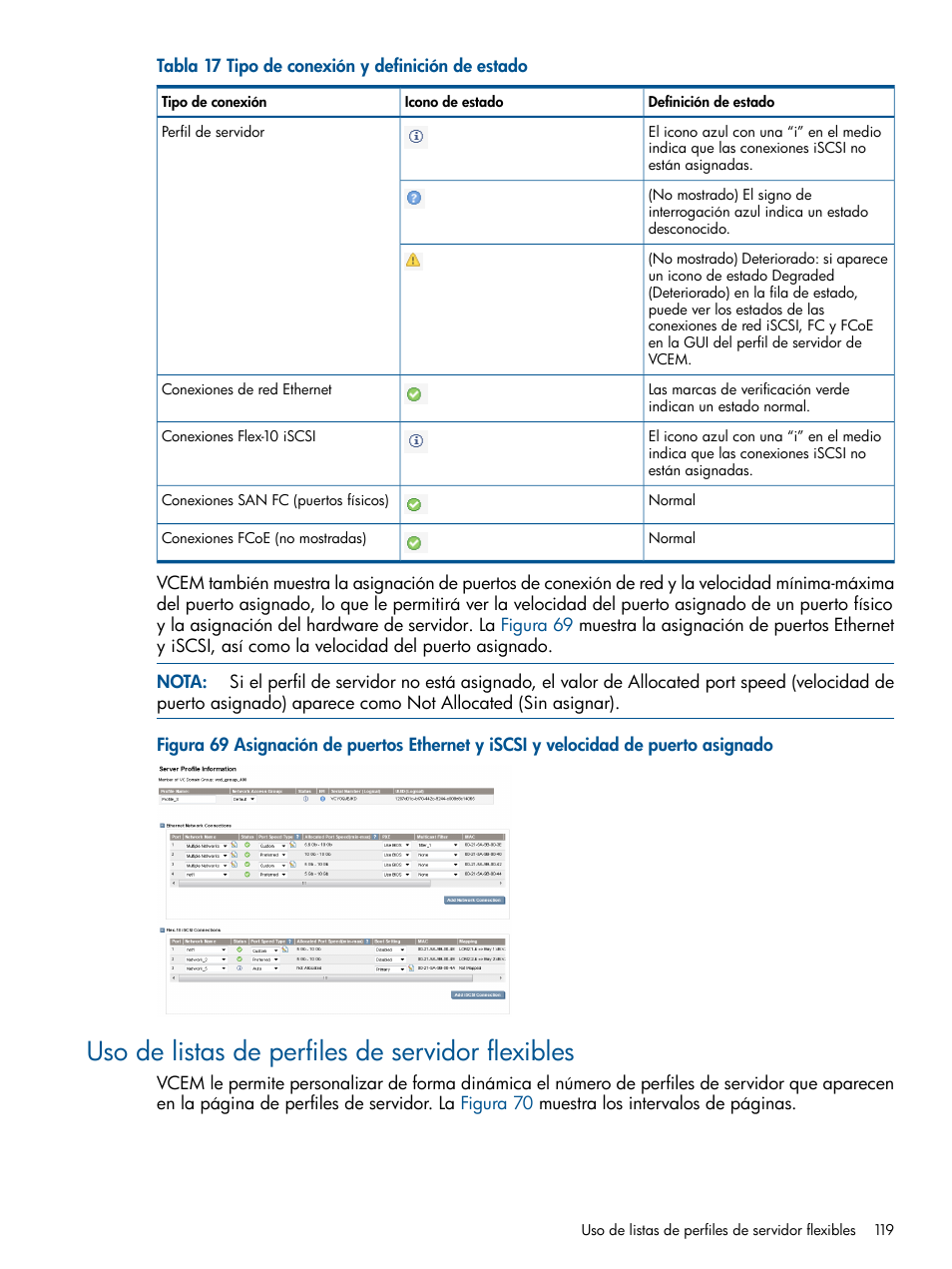 Uso de listas de perfiles de servidor flexibles, Tipo de conexión y definición de | HP Software HP Virtual Connect Enterprise Manager Manual del usuario | Página 119 / 207