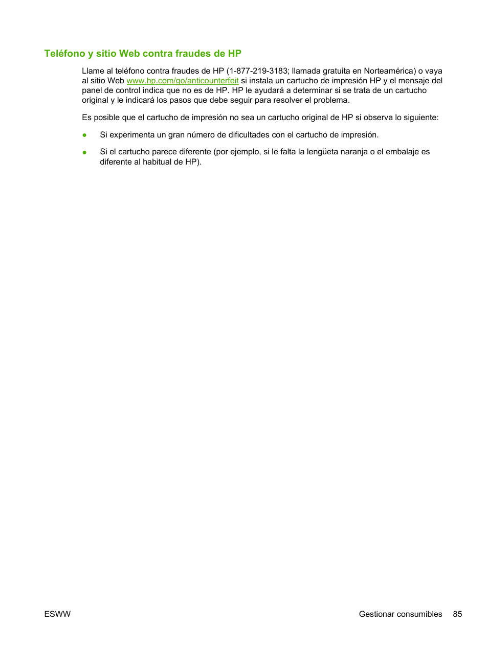 Teléfono y sitio web contra fraudes de hp | HP LaserJet P2055dn Manual del usuario | Página 97 / 190