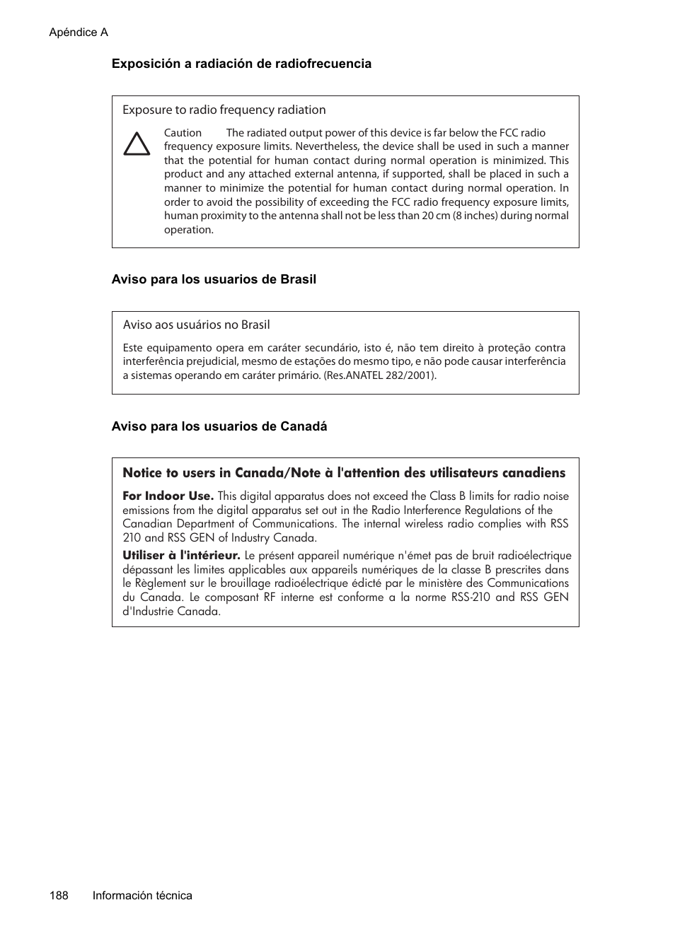 Exposición a radiación de radiofrecuencia, Aviso para los usuarios de brasil, Aviso para los usuarios de canadá | HP Officejet Pro 8500A Manual del usuario | Página 192 / 264
