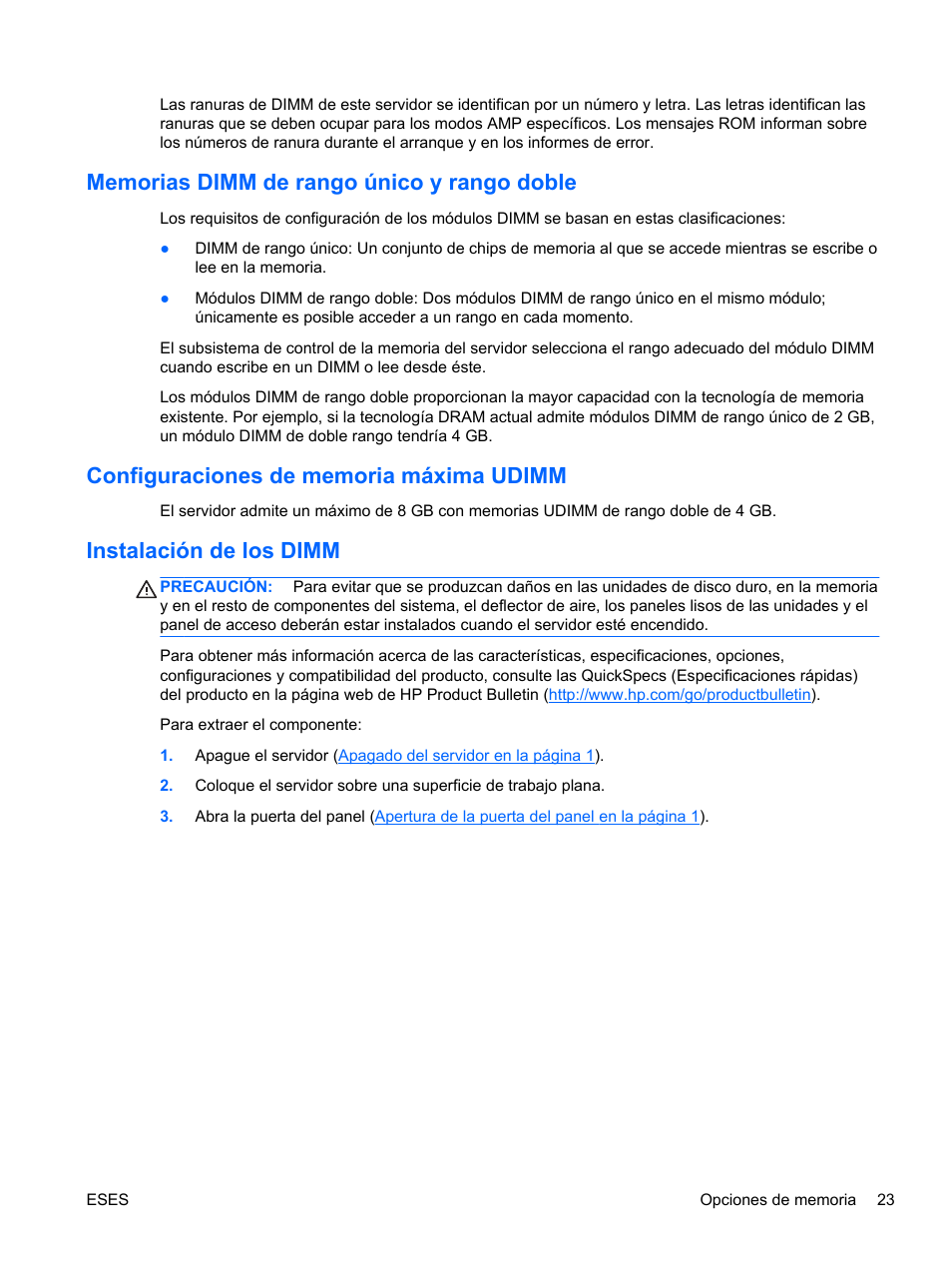 Memorias dimm de rango único y rango doble, Configuraciones de memoria máxima udimm, Instalación de los dimm | HP ProLiant MicroServer Manual del usuario | Página 31 / 104