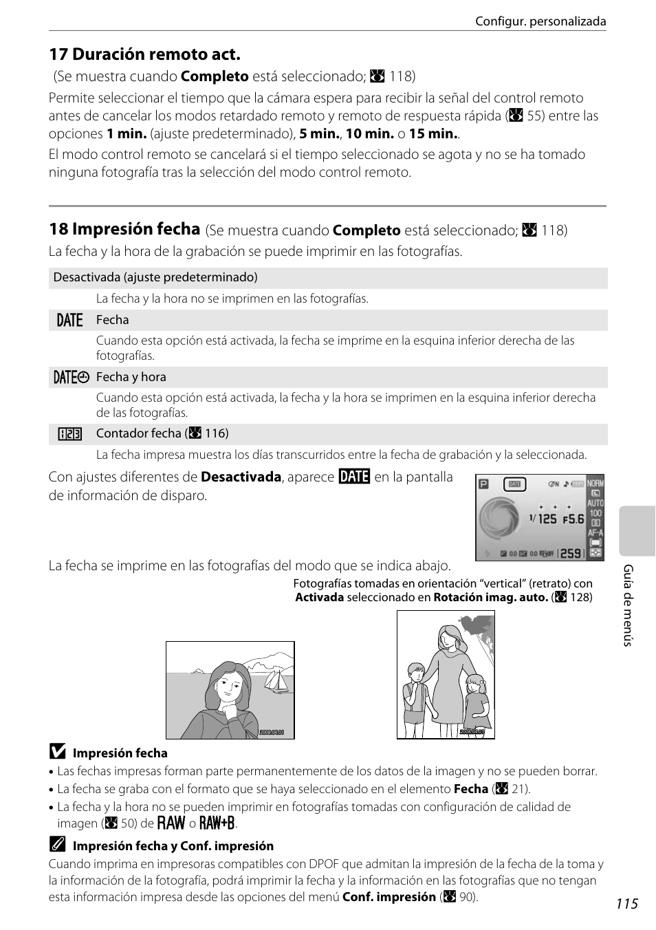 17 duración remoto act, 18 impresión fecha, 17 duración remoto act 18 impresión fecha | A 115), la fecha y, A 115), A 115 | Nikon D60 Manual del usuario | Página 127 / 204