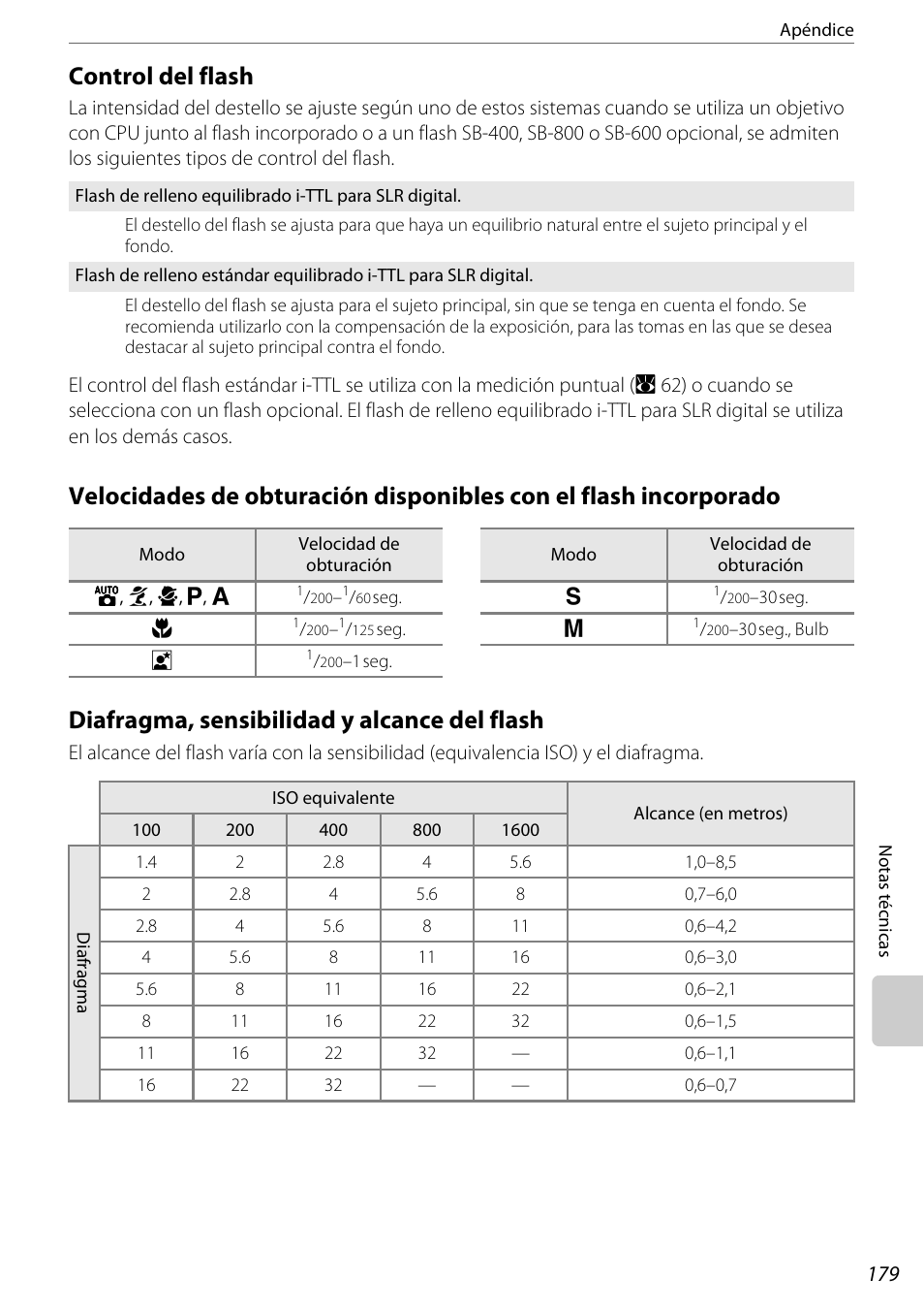 Control del flash, Diafragma, sensibilidad y alcance del flash, O (a 179) | Nikon D60 Manual del usuario | Página 191 / 204