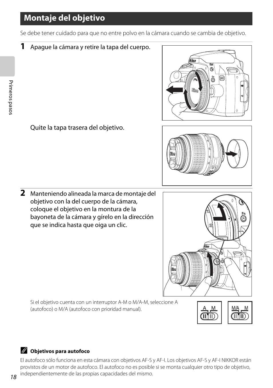 Montaje del objetivo, A 18 | Nikon D60 Manual del usuario | Página 30 / 204