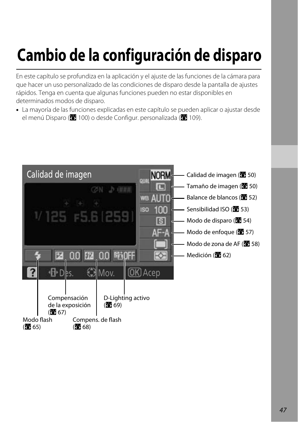 Cambio de la configuración de disparo, Acep calidad de imagen des. mov | Nikon D60 Manual del usuario | Página 59 / 204