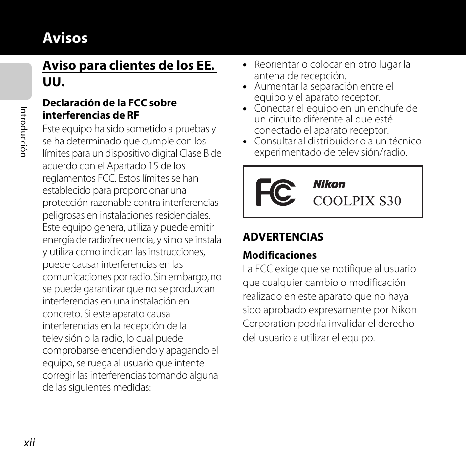 Avisos, Aviso para clientes de los ee. uu | Nikon Coolpix S30 Manual del usuario | Página 14 / 190