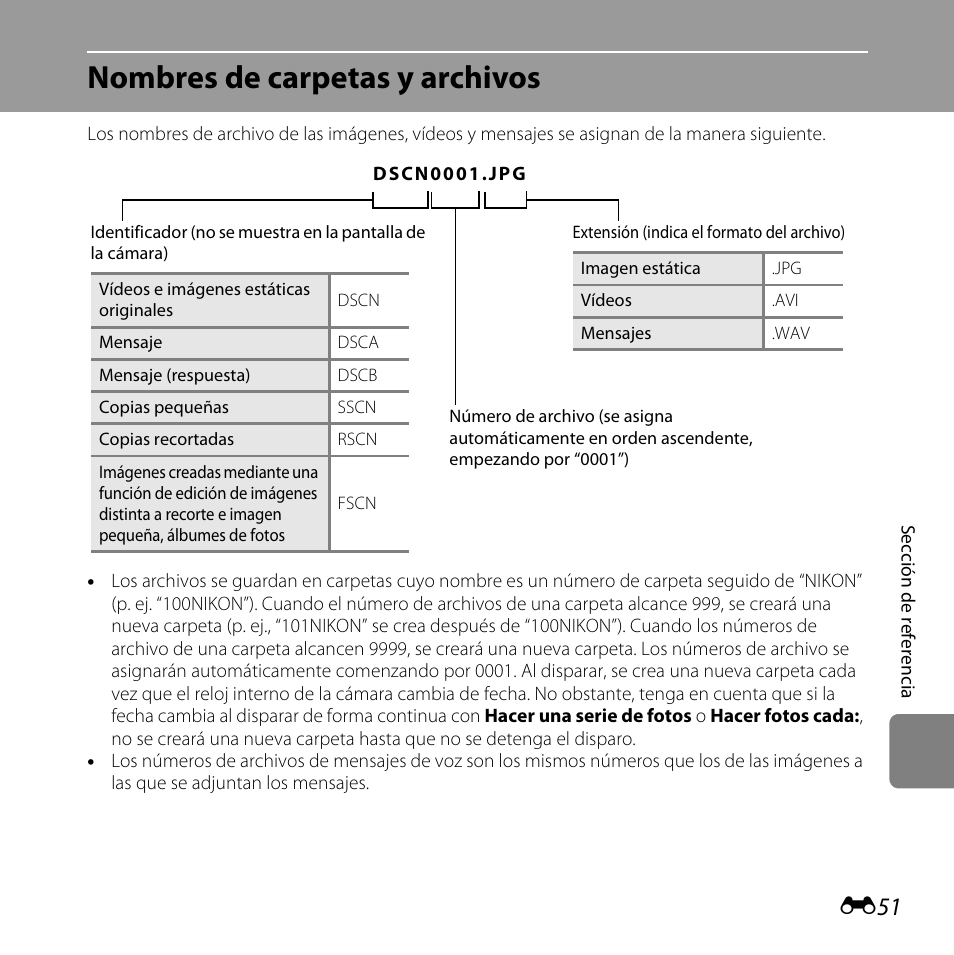Nombres de carpetas y archivos, E51). a con, E51) | Nikon Coolpix S30 Manual del usuario | Página 157 / 190