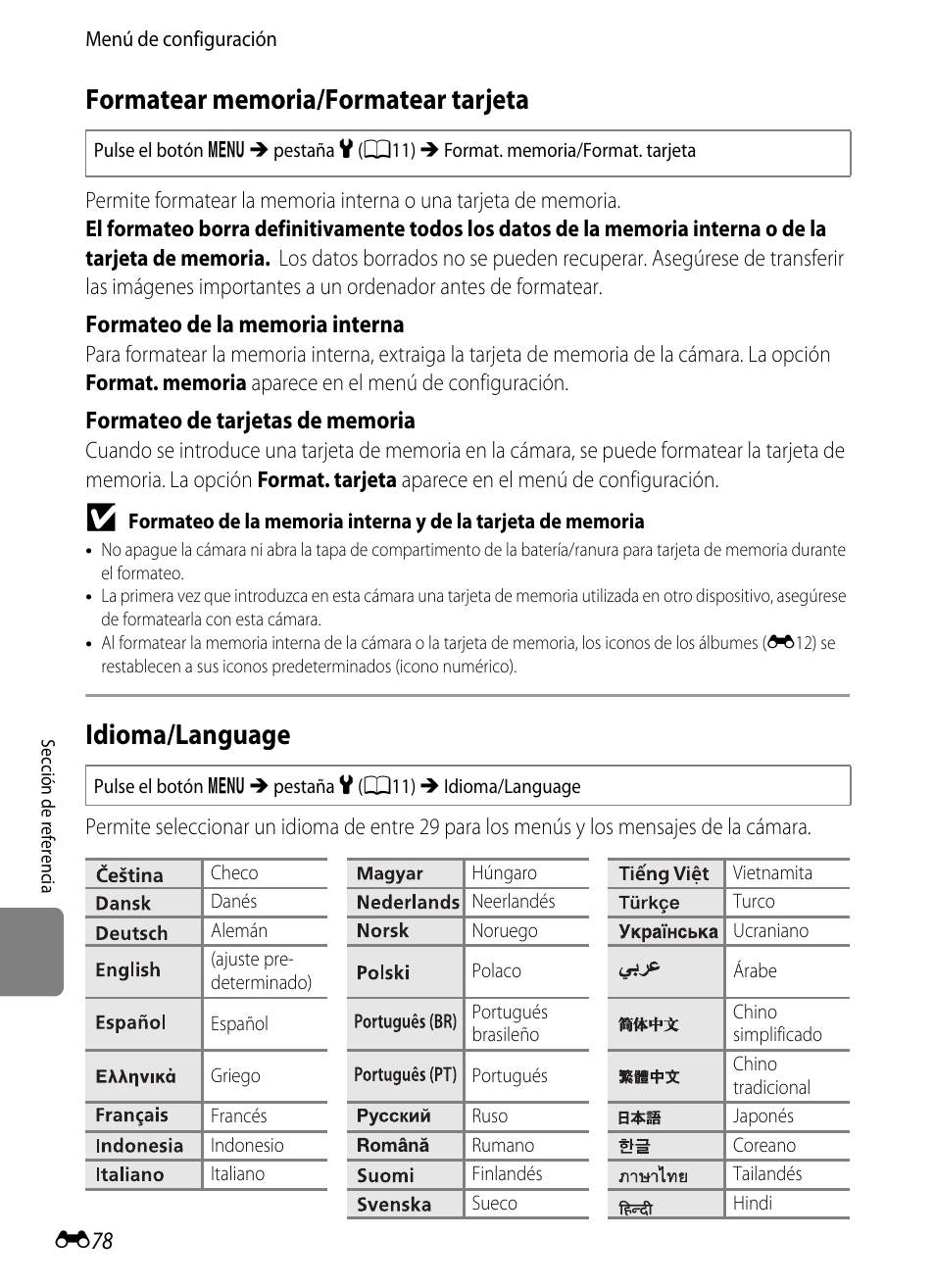 Formatear memoria/formatear tarjeta, Idioma/language, E78) bor | Nikon Coolpix S9300 Manual del usuario | Página 198 / 244
