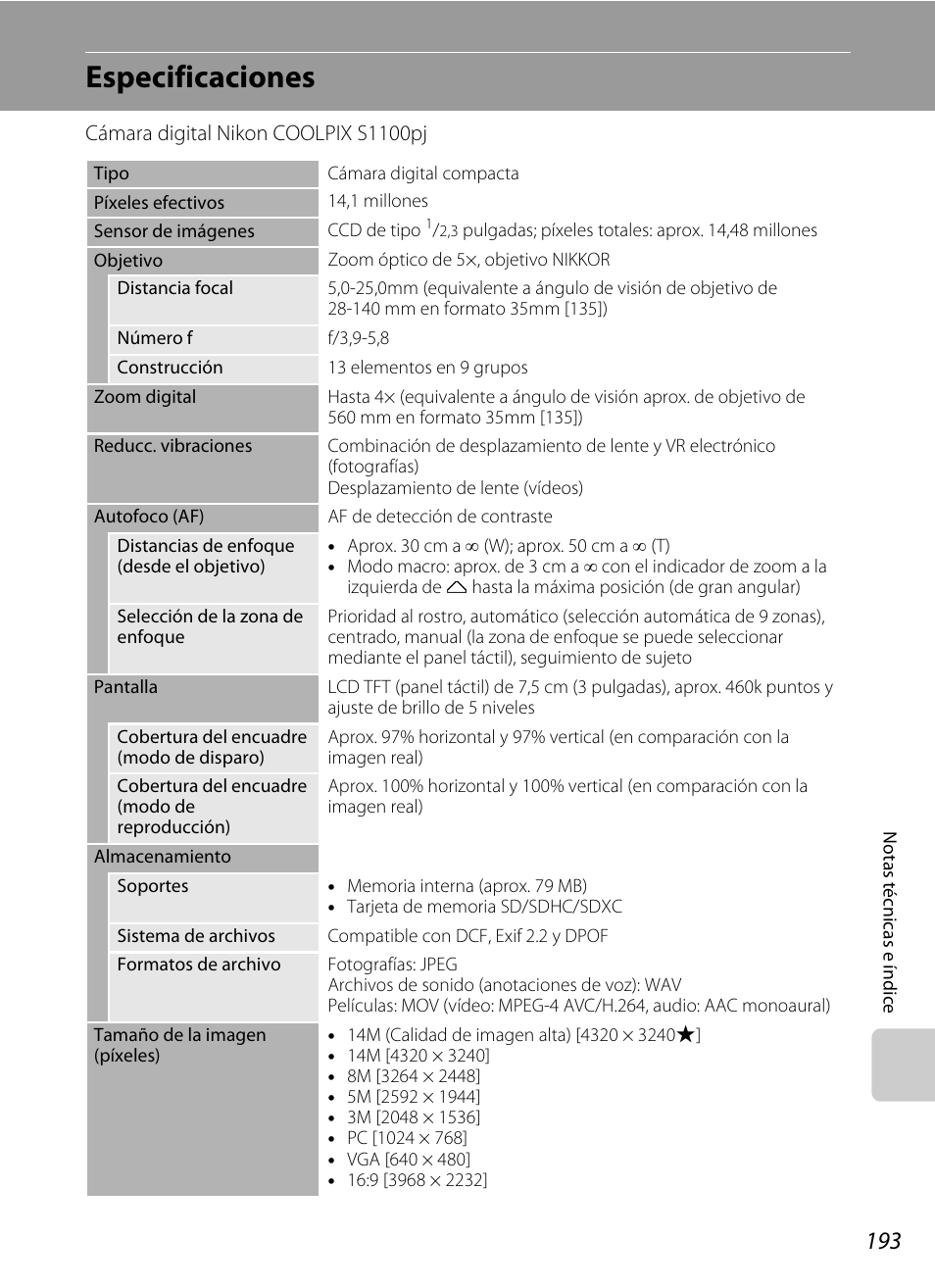 Especificaciones | Nikon Coolpix S1100pj Manual del usuario | Página 207 / 216