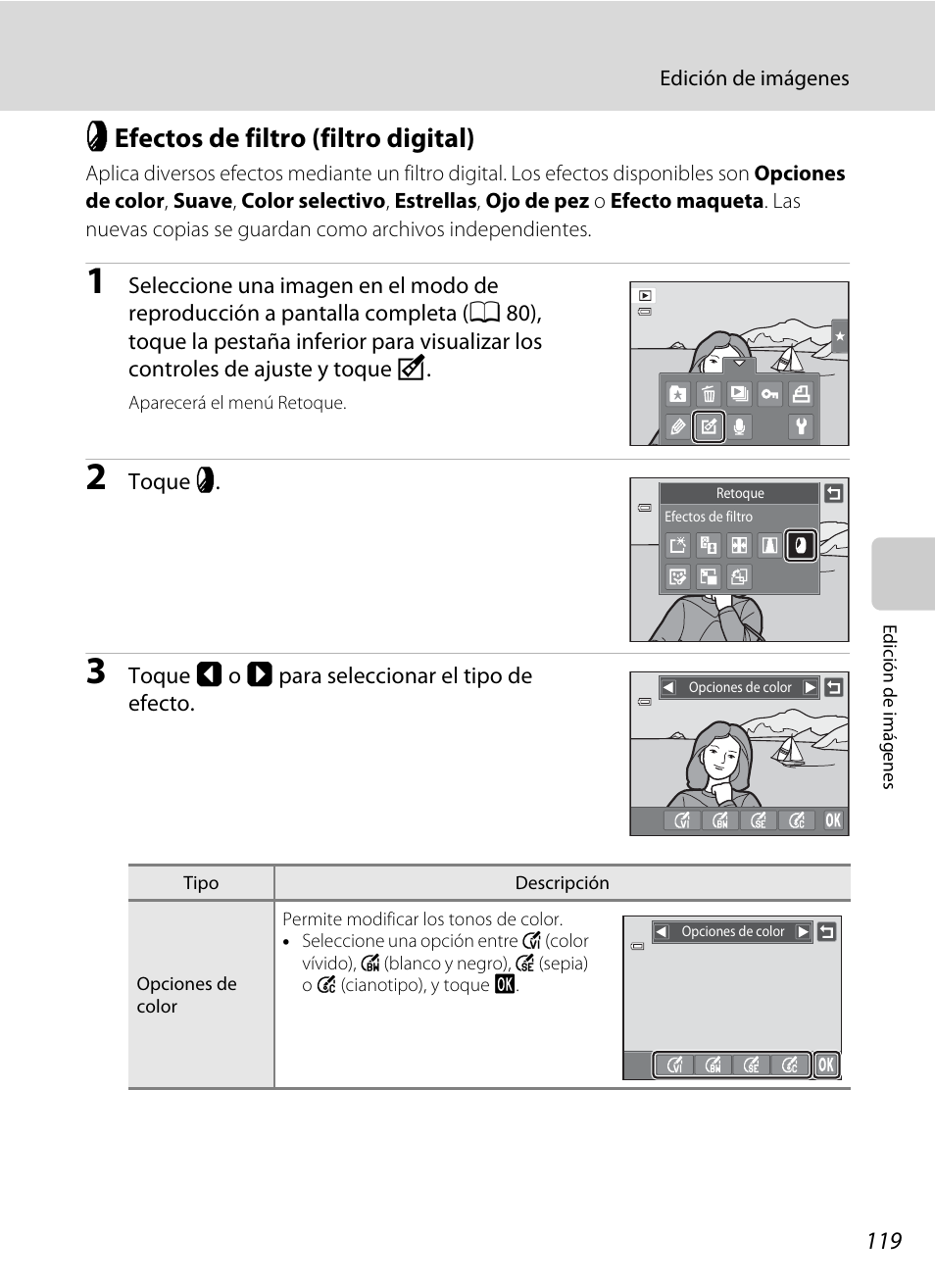 Efectos de filtro (filtro digital), I efectos de filtro (filtro digital), A 119) | Nikon Coolpix S4100 Manual del usuario | Página 131 / 208