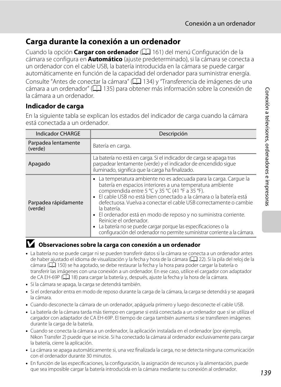 Carga durante la conexión a un ordenador, A 139, 1 | Nikon Coolpix S4100 Manual del usuario | Página 151 / 208