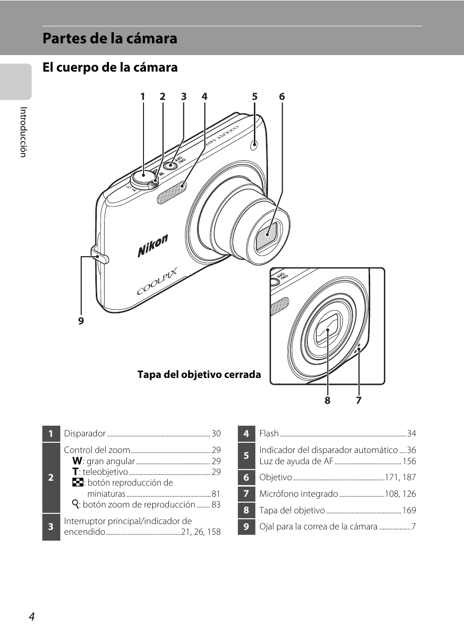 Partes de la cámara, El cuerpo de la cámara | Nikon Coolpix S4100 Manual del usuario | Página 16 / 208