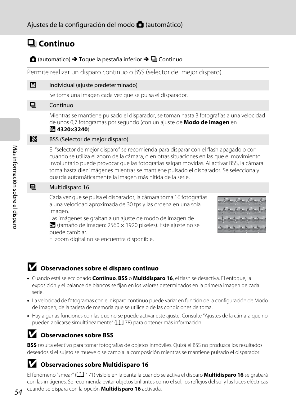 Continuo, C continuo, A 54 | A 54) | Nikon Coolpix S4100 Manual del usuario | Página 66 / 208