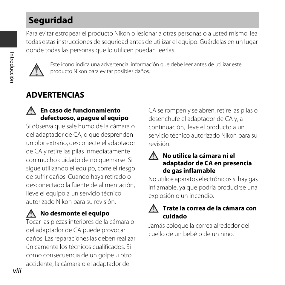 Seguridad, Advertencias | Nikon COOLPIX-L830 Manual del usuario | Página 10 / 204