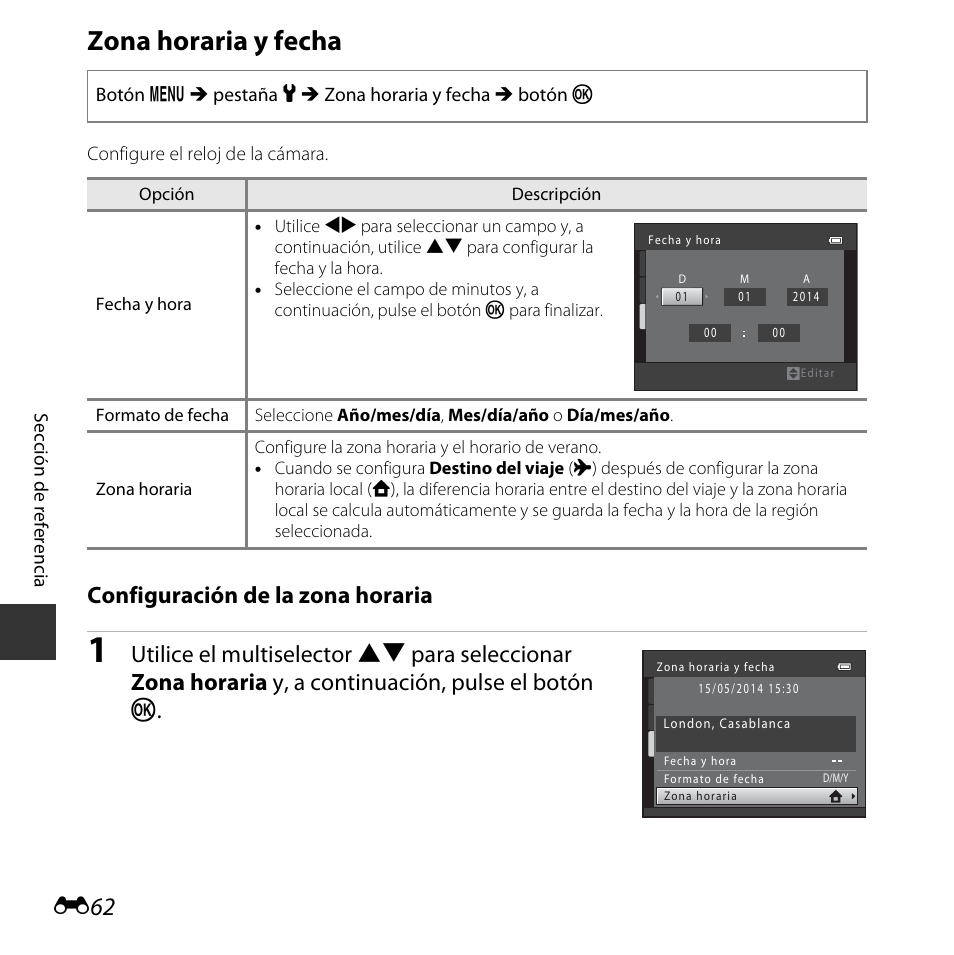 Zona horaria y fecha, Configuración de la zona horaria | Nikon COOLPIX-L29 Manual del usuario | Página 114 / 156