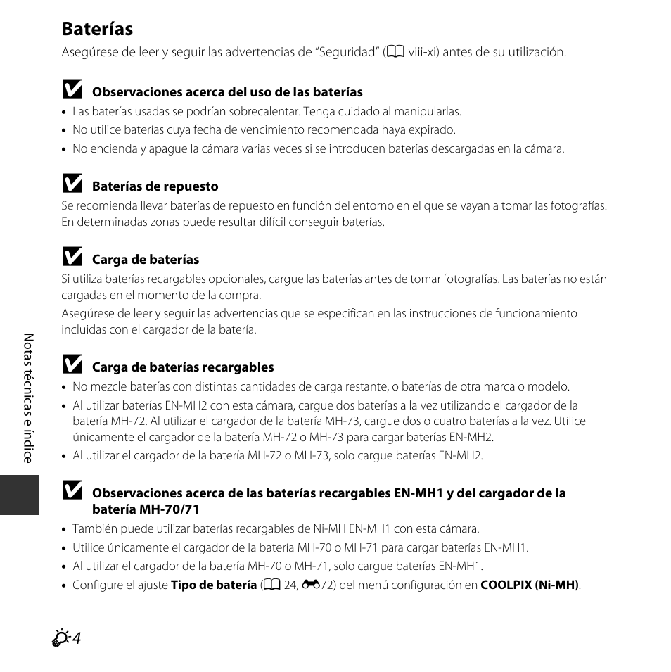 Baterías | Nikon COOLPIX-L29 Manual del usuario | Página 134 / 156