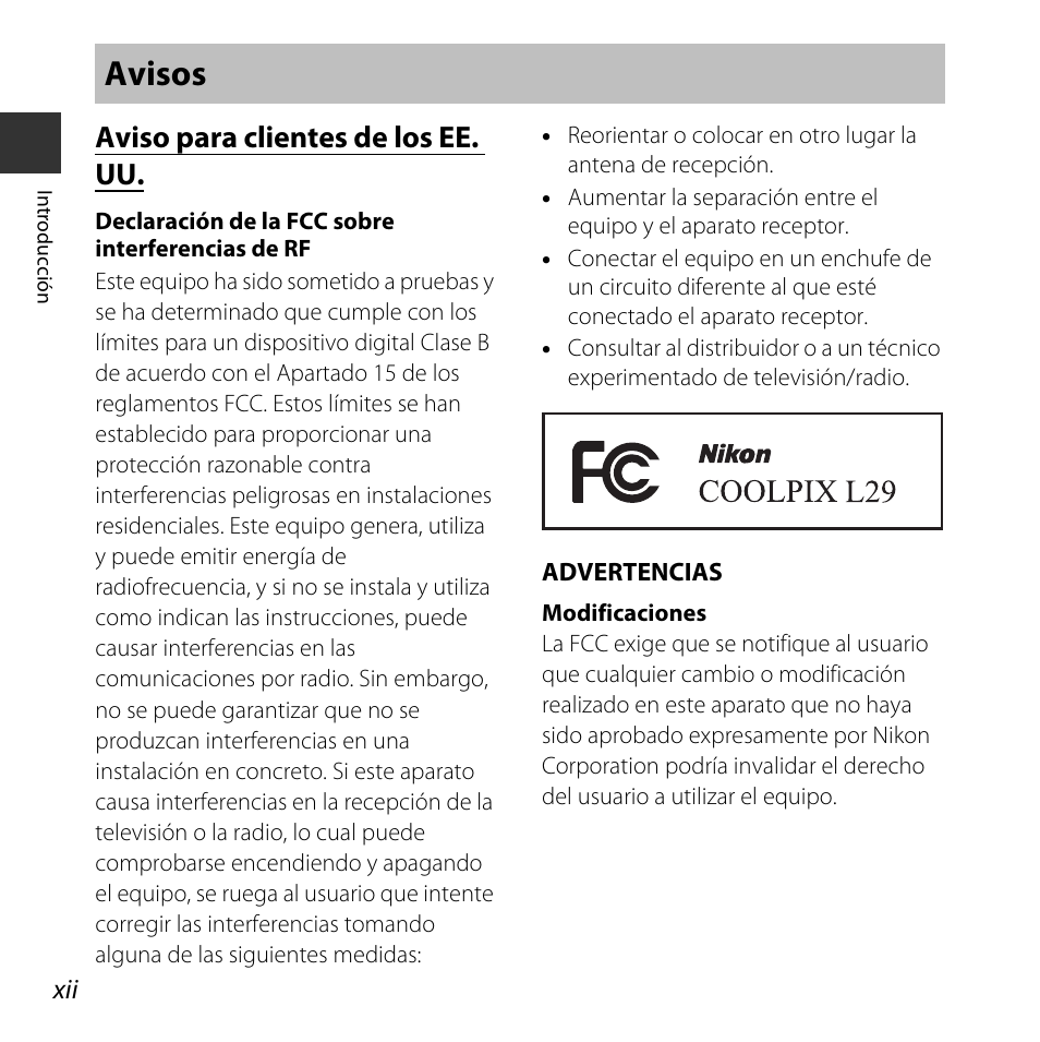Avisos, Aviso para clientes de los ee. uu | Nikon COOLPIX-L29 Manual del usuario | Página 14 / 156