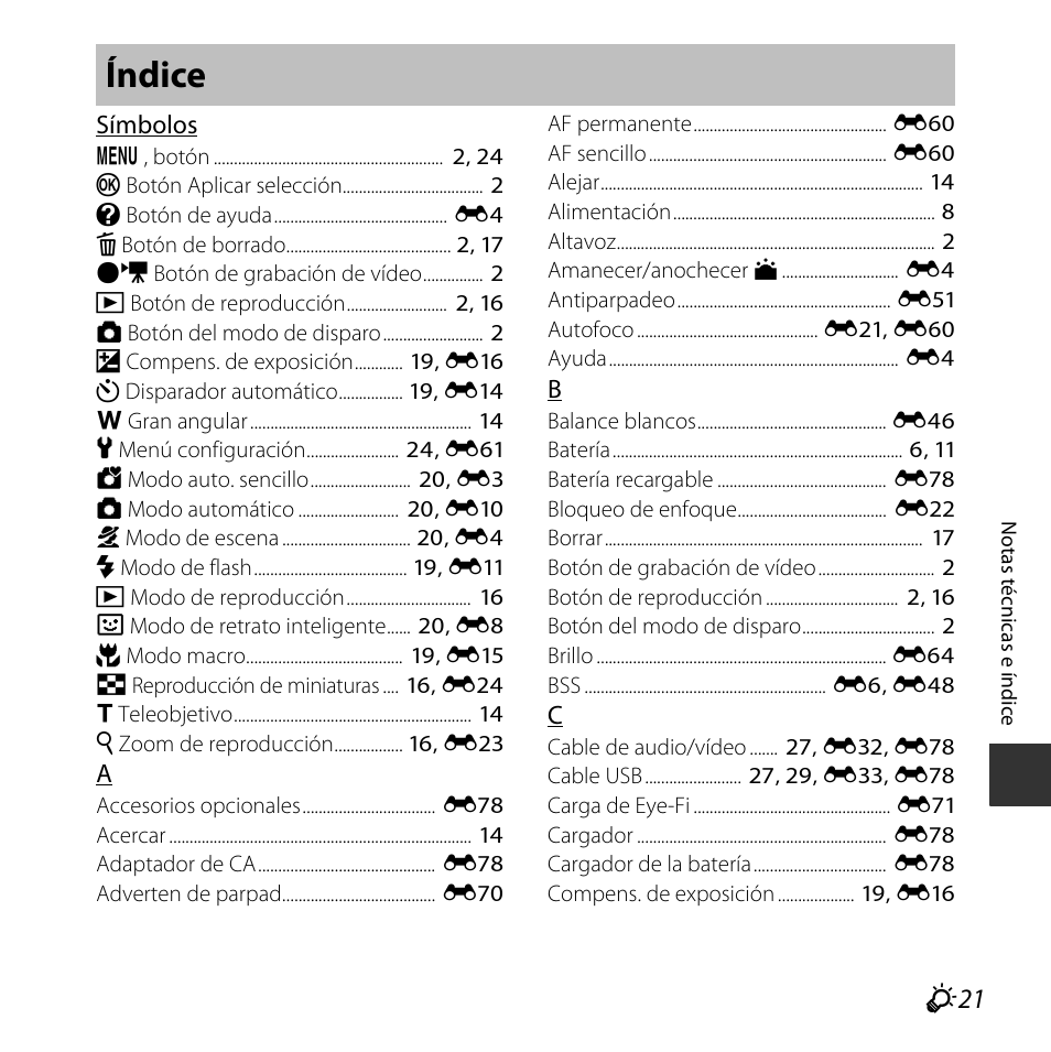 Índice, F 21 | Nikon COOLPIX-L29 Manual del usuario | Página 151 / 156