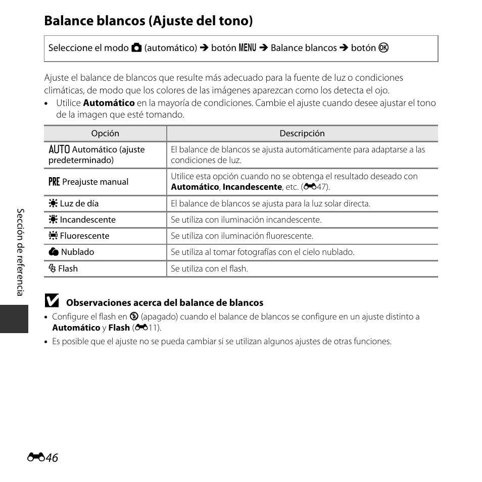Balance blancos (ajuste del tono), E46) | Nikon COOLPIX-L29 Manual del usuario | Página 98 / 156