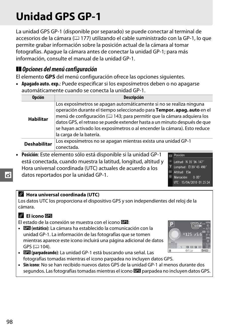 Unidad gps gp-1, Opciones del menú configuración | Nikon D3100 Manual del usuario | Página 114 / 224