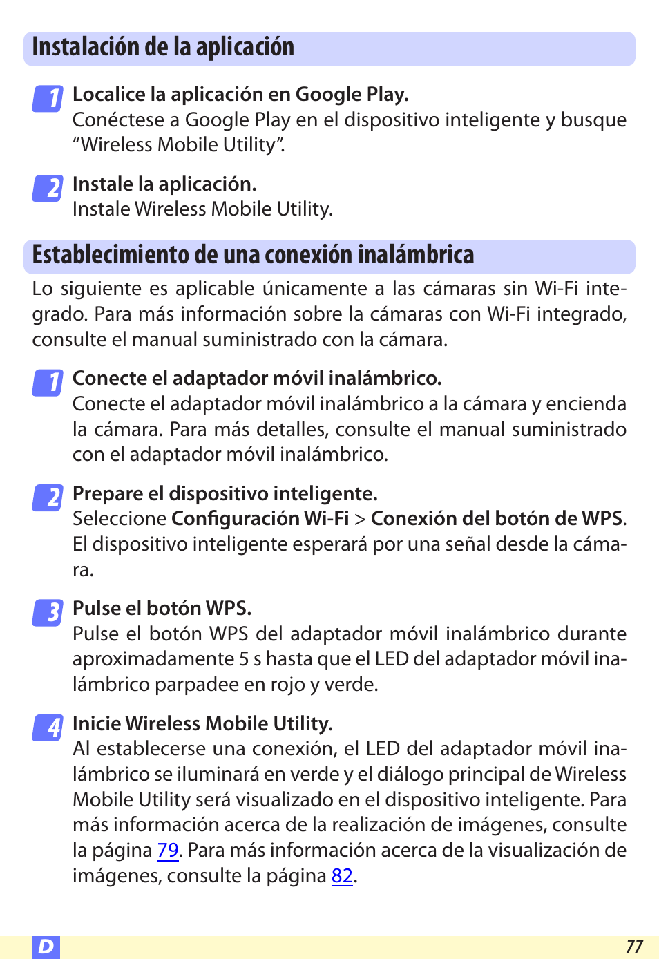 Instalación de la aplicación, Establecimiento de una conexión inalámbrica | Nikon Wireless-Mobile-Utility Manual del usuario | Página 77 / 97