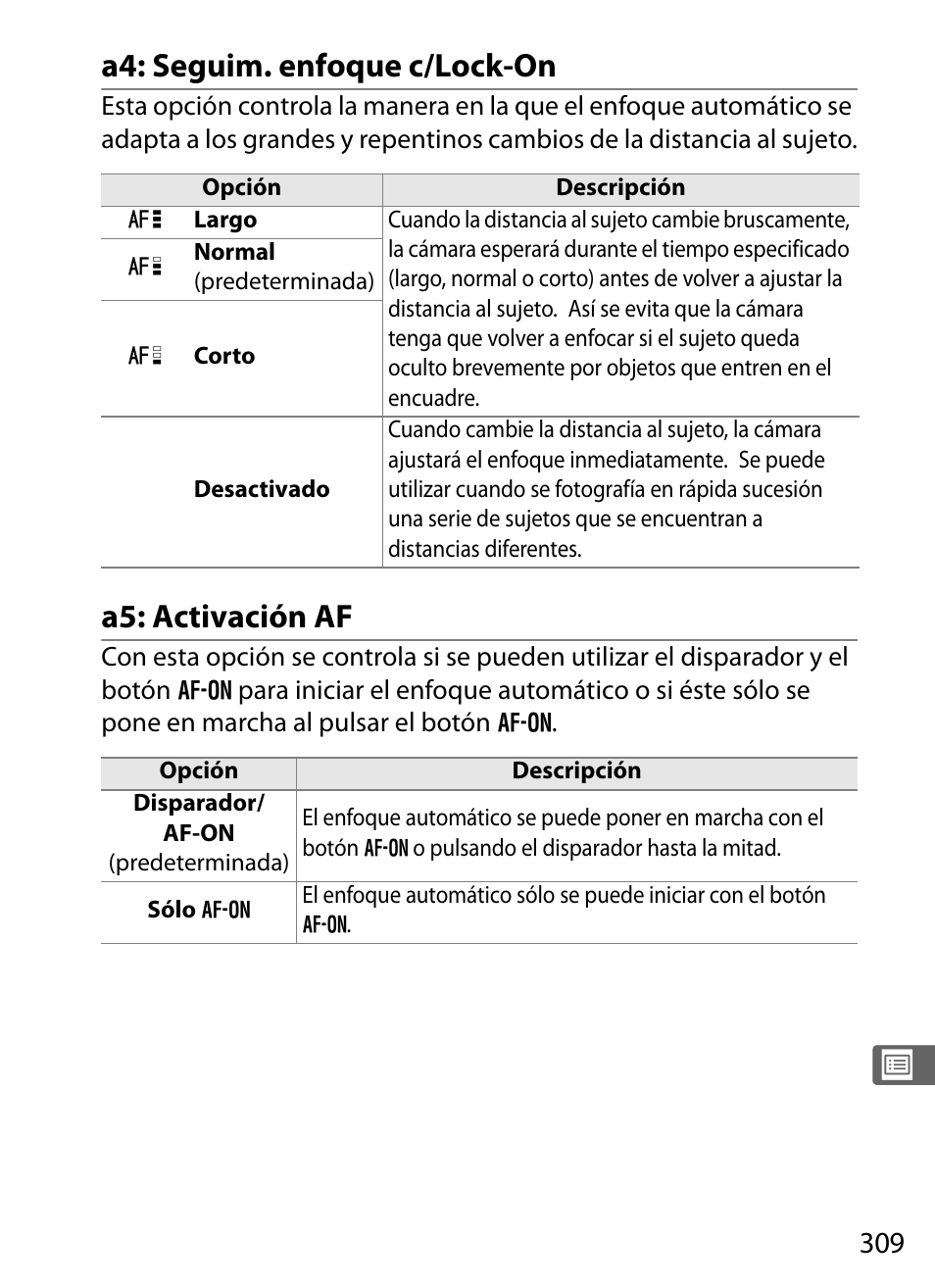 A4: seguim. enfoque c/lock-on, A5: activación af | Nikon D3X Manual del usuario | Página 335 / 476