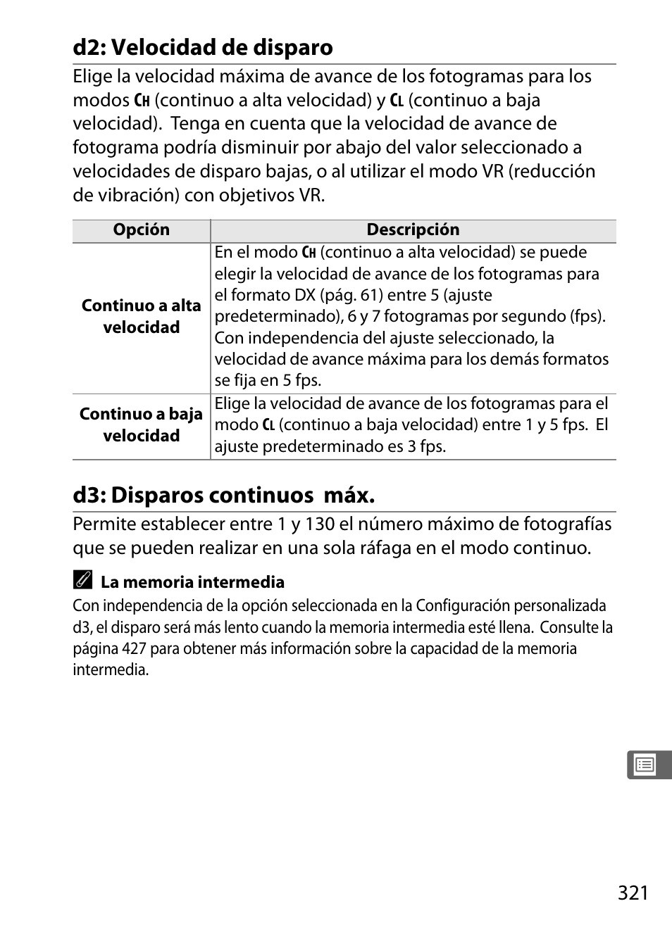 D2: velocidad de disparo, D3: disparos continuos máx | Nikon D3X Manual del usuario | Página 347 / 476