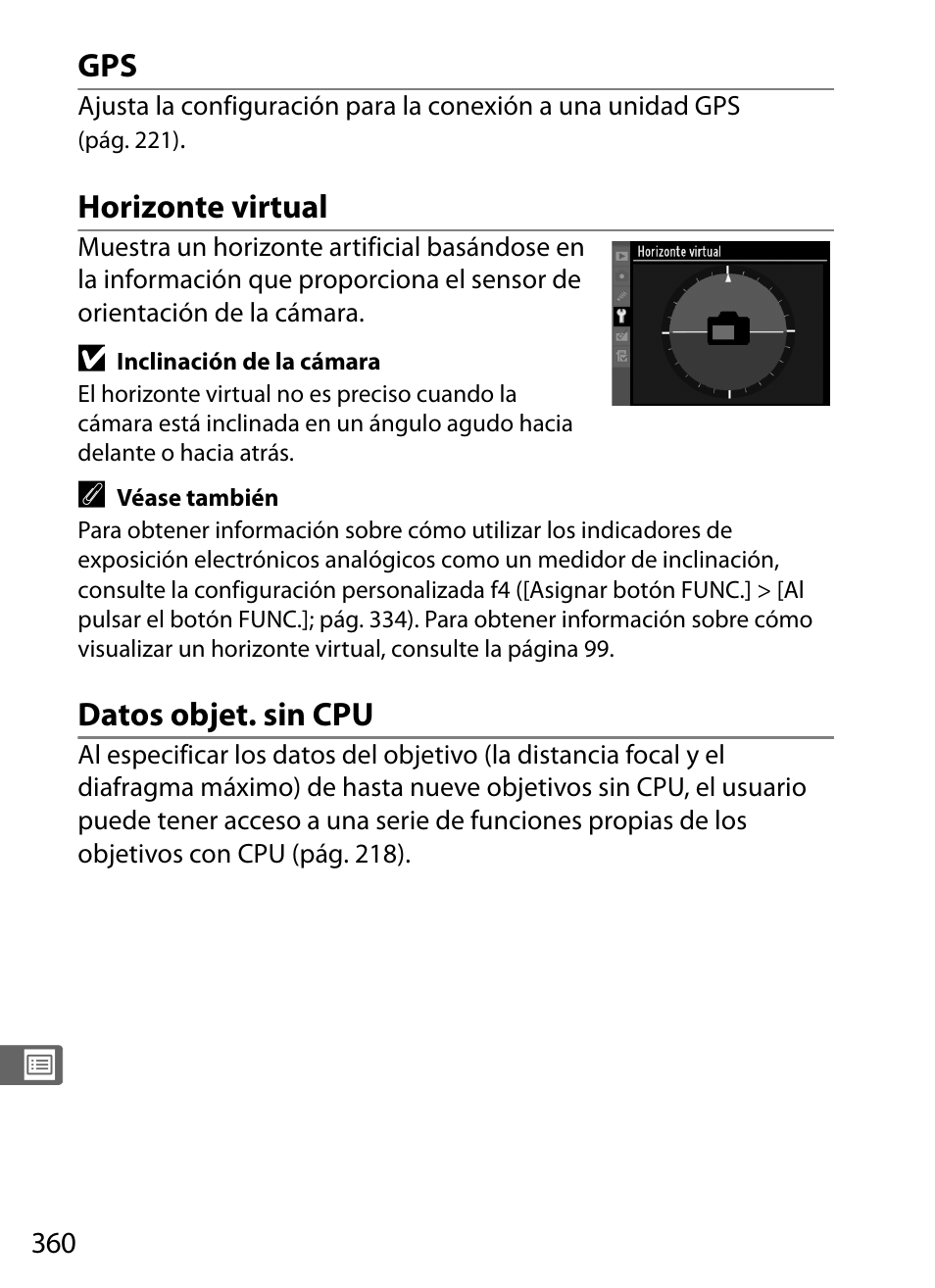 Horizonte virtual, Datos objet. sin cpu | Nikon D3X Manual del usuario | Página 386 / 476