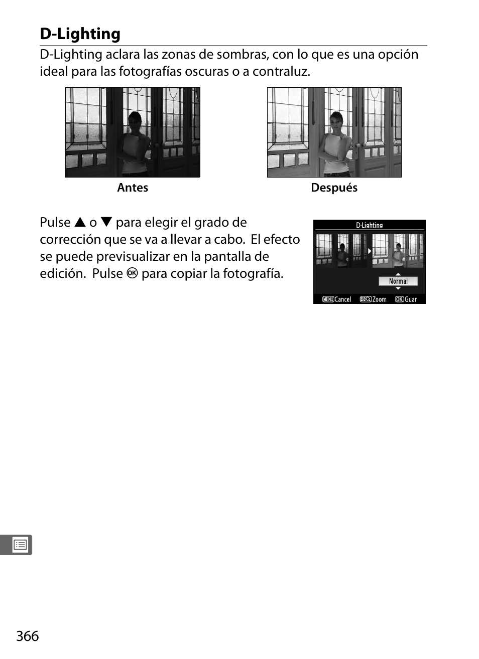 D-lighting | Nikon D3X Manual del usuario | Página 392 / 476