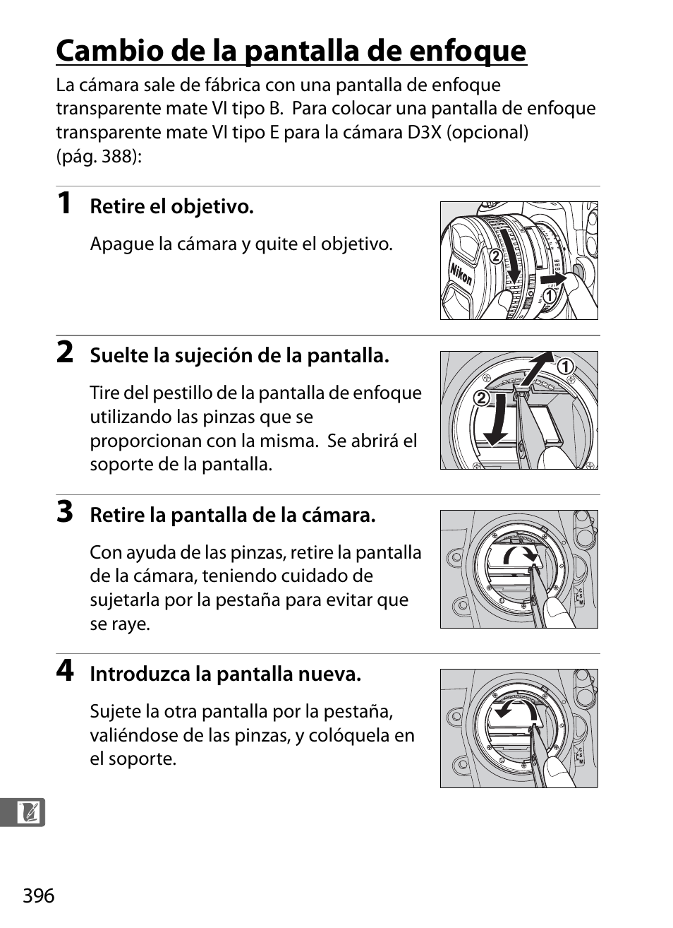 Cambio de la pantalla de enfoque | Nikon D3X Manual del usuario | Página 422 / 476