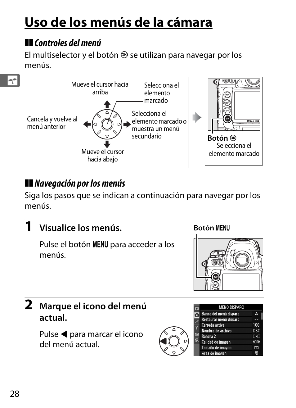 Uso de los menús de la cámara, Controles del menú, Navegación por los menús | Nikon D3X Manual del usuario | Página 54 / 476