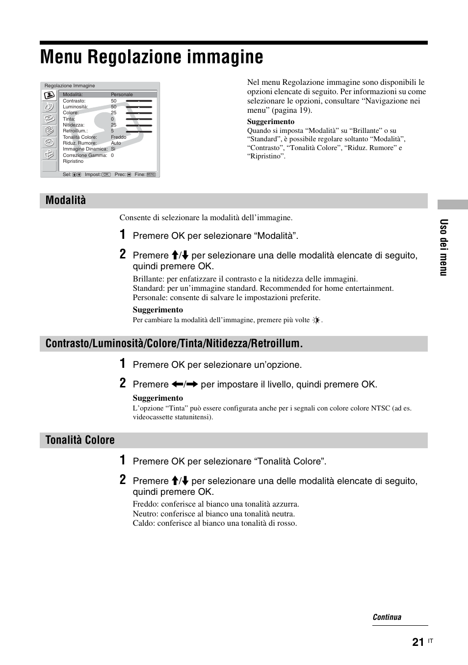 Menu regolazione immagine, Modalità, Tonalità colore | Retroillum, Tà (21) | Sony KLV-W40A10E Manual del usuario | Página 61 / 163