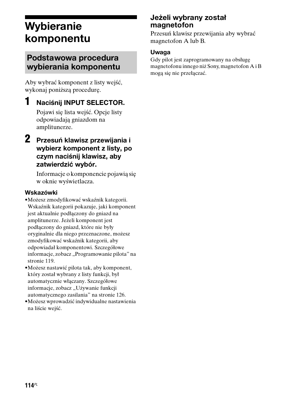 Wybieranie komponentu, Podstawowa procedura wybierania komponentu | Sony STR-DA7100ES Manual del usuario | Página 394 / 431
