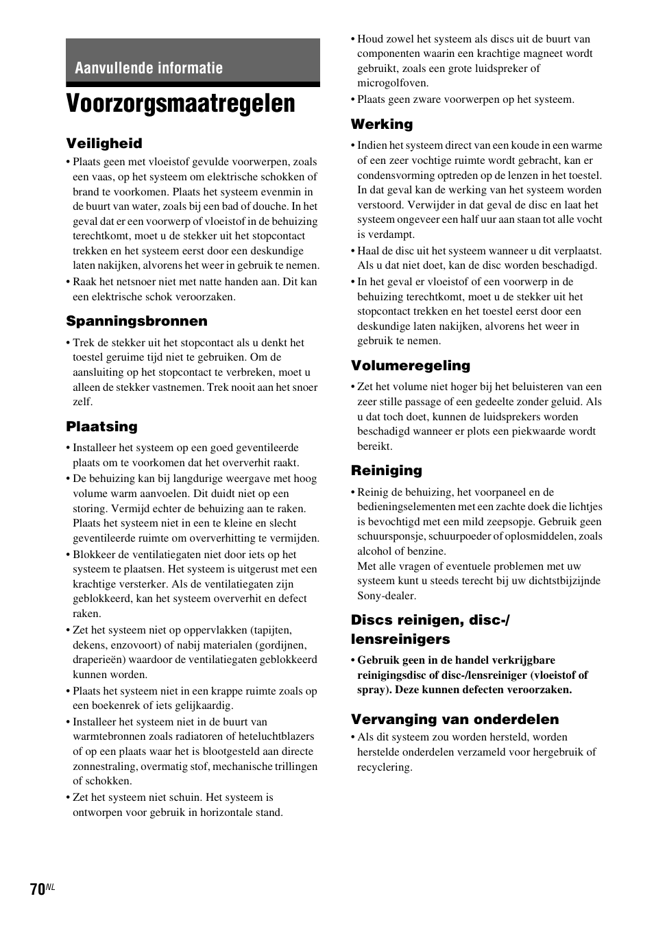 Aanvullende informatie, Voorzorgsmaatregelen | Sony BDV-IZ1000W Manual del usuario | Página 70 / 371
