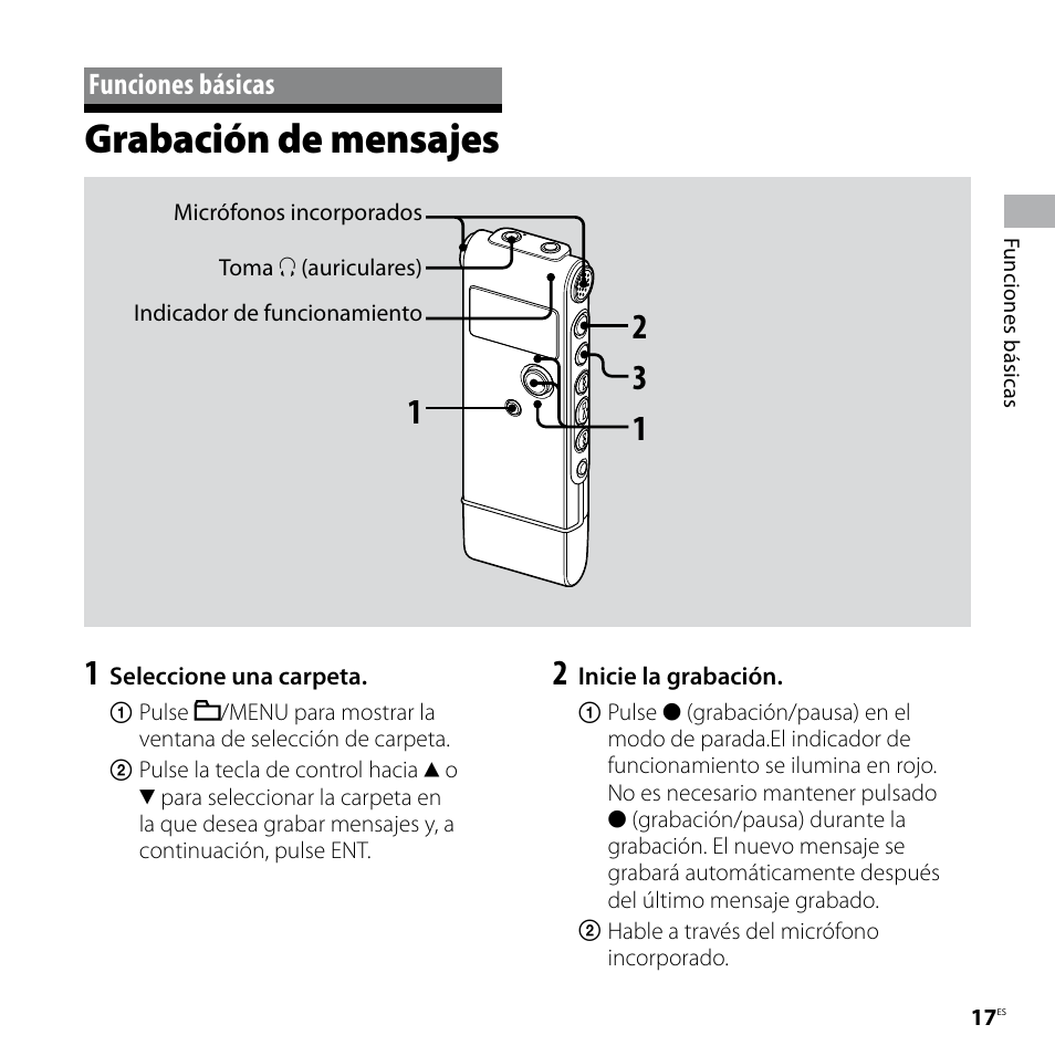 Funciones básicas, Grabación de mensajes | Sony ICD-UX80 Manual del usuario | Página 17 / 68