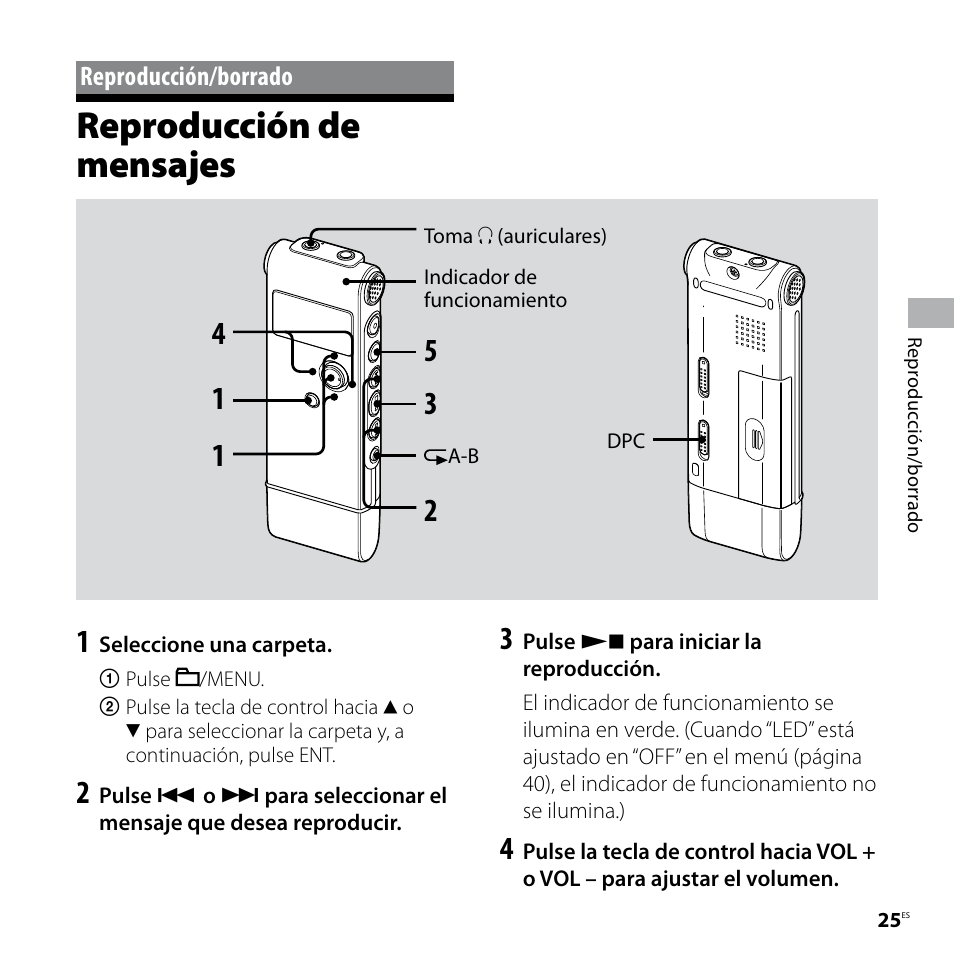Reproducción/borrado, Reproducción de mensajes | Sony ICD-UX80 Manual del usuario | Página 25 / 68