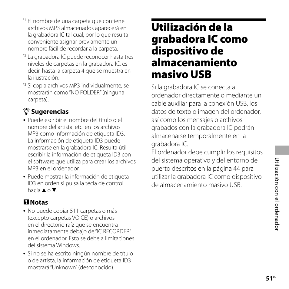 Utilización de la grabadora ic, Como dispositivo de, Almacenamiento masivo usb | Sony ICD-UX80 Manual del usuario | Página 51 / 68