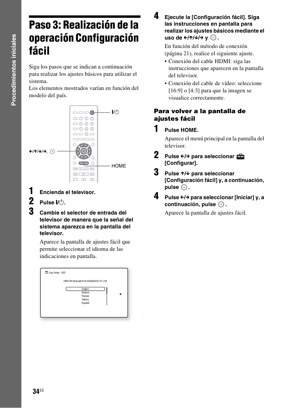 Paso 3: realización de la operación, Configuración fácil, A 34 | Sony BDV-L600 Manual del usuario | Página 34 / 89