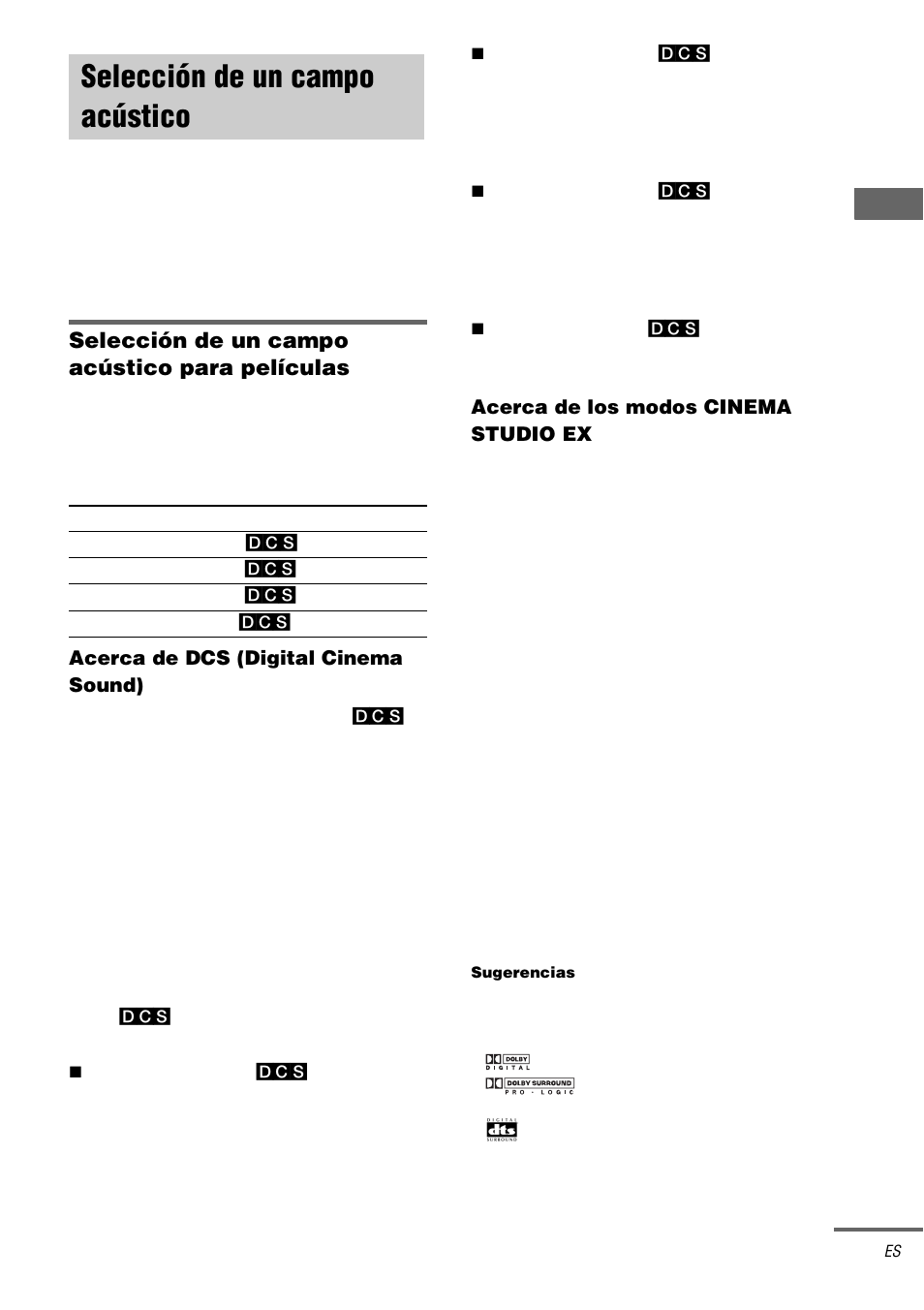 Selección de un campo acústico, Selección de un campo acústico para películas | Sony TA-DA9000ES Manual del usuario | Página 33 / 68