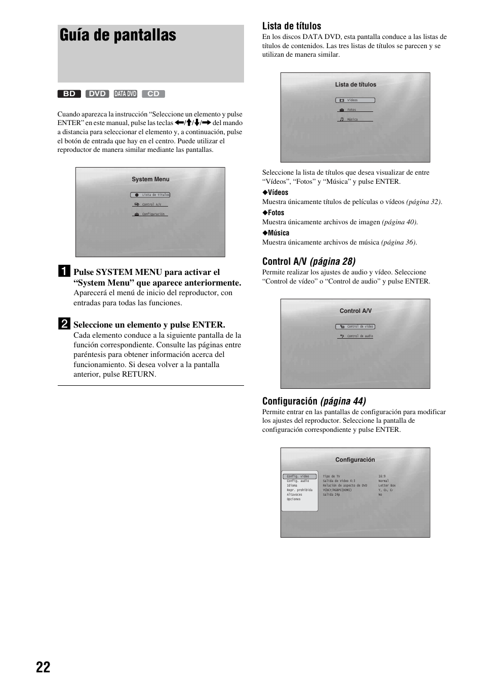 Guía de pantallas, Lista de títulos, Control a/v (página 28) | Configuración (página 44), Seleccione un elemento y pulse enter | Sony BDP-S300 Manual del usuario | Página 22 / 63