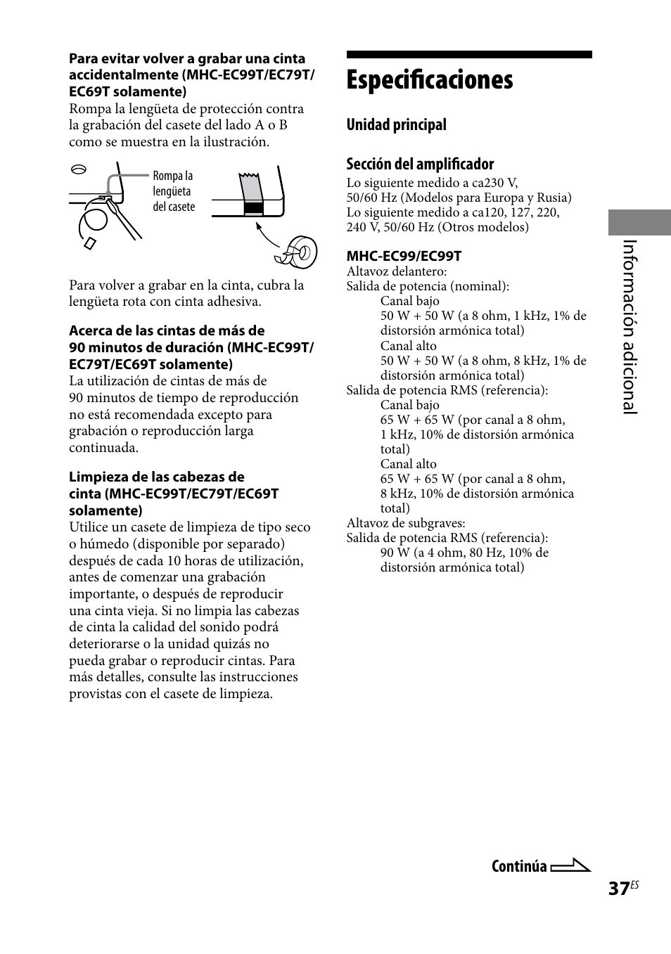 Especificaciones, Inf or mación adicional | Sony MHC-EC69 Manual del usuario | Página 37 / 44