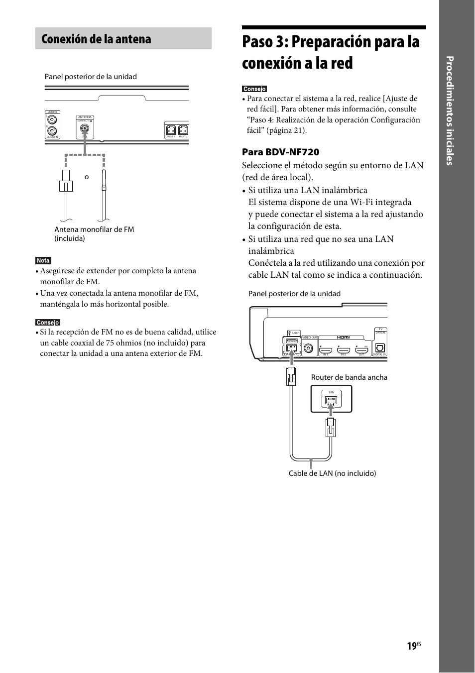 Conexión de la antena, Paso 3: preparación para la conexión a la red, Paso 3: preparación para | La conexión a la red, A 19), Proc edimien tos inicial e s, Para bdv-nf720 | Sony BDV-NF620 Manual del usuario | Página 19 / 62