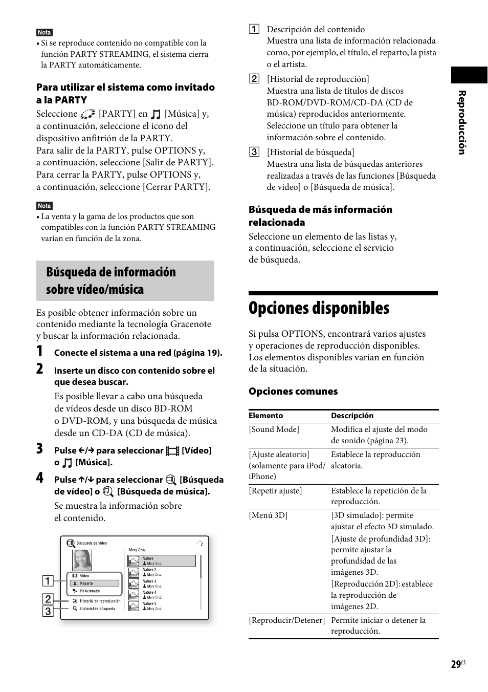 Búsqueda de información sobre vídeo/música, Opciones disponibles | Sony BDV-NF620 Manual del usuario | Página 29 / 62