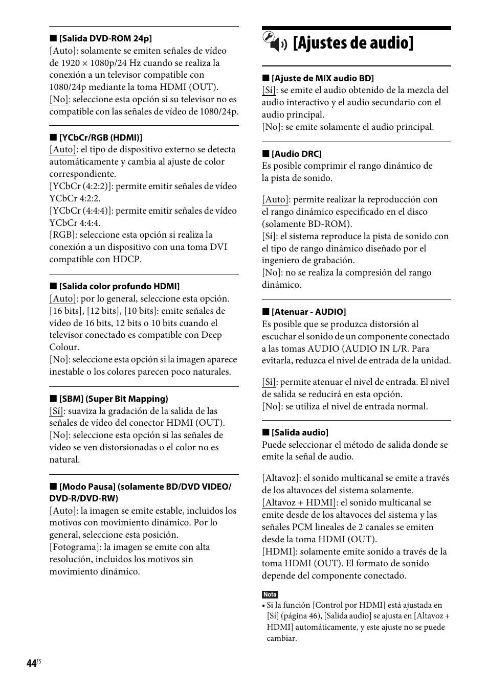 Ajustes de audio | Sony BDV-NF620 Manual del usuario | Página 44 / 62