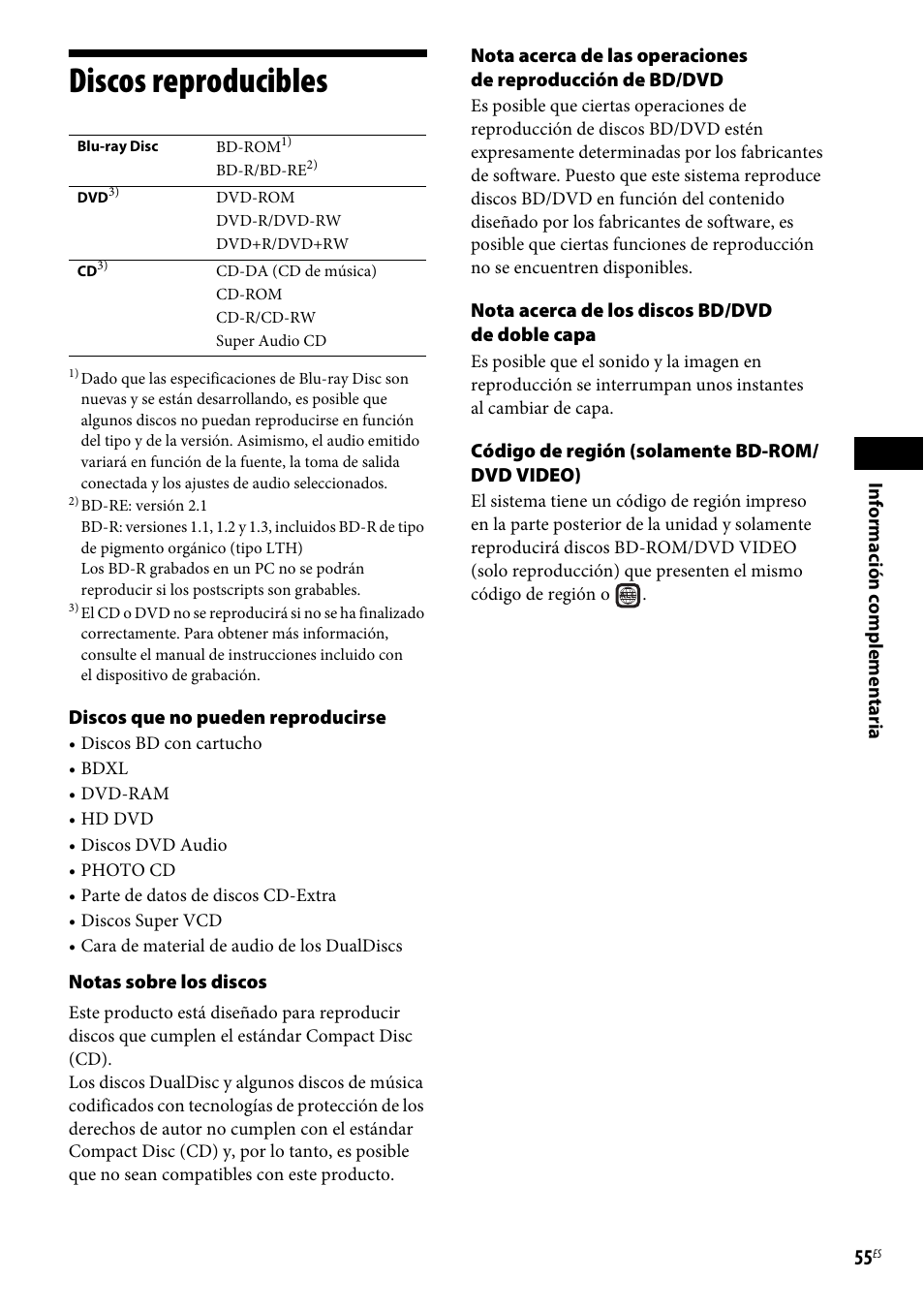 Discos reproducibles | Sony BDV-NF620 Manual del usuario | Página 55 / 62